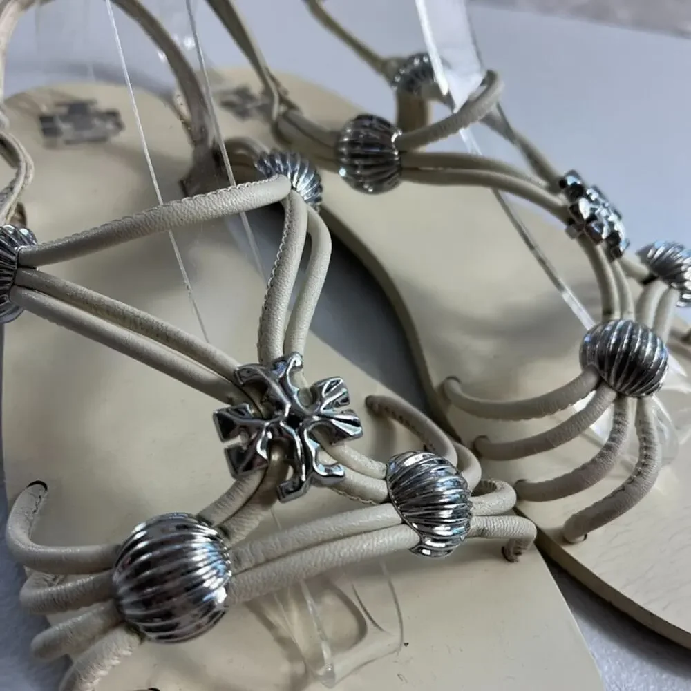 Tory Burch Sandals Women's 8.5 M Capri Multi Strap Ivory Leather Silver Charms